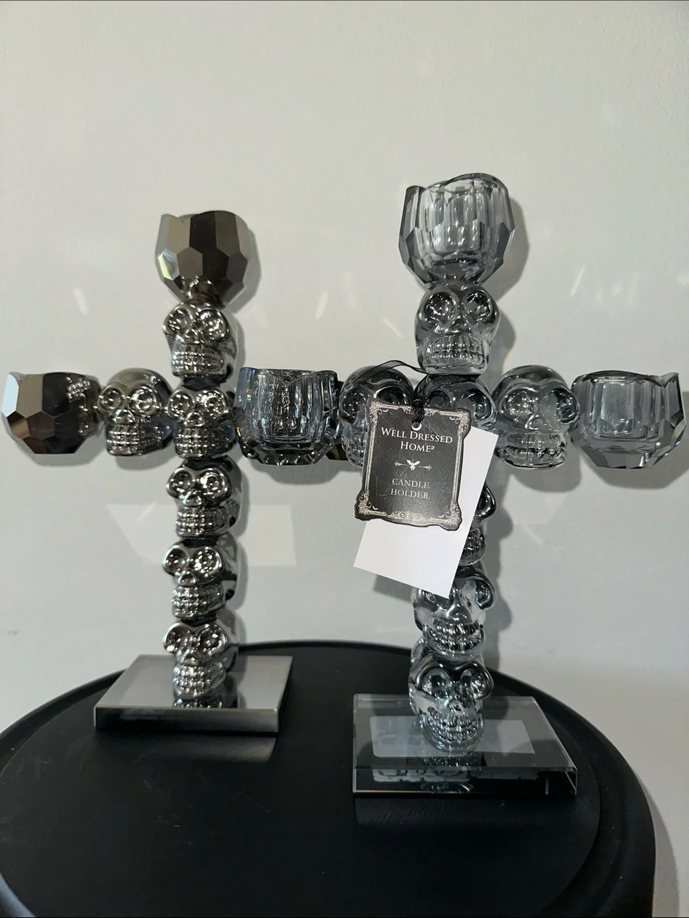 Crystal Silver Skull Cross Candle Holder set